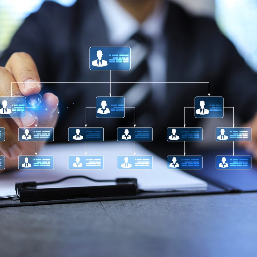 Management concept with businessman arrange an organization chart employee and staff work flow for responsibility assignment each in department and report to top manager